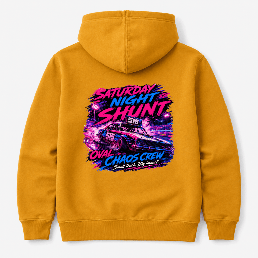 Camberline Saturday Night Shunt Oval Chaos Mustard Gold hoodie, back graphic for British oval racing fans