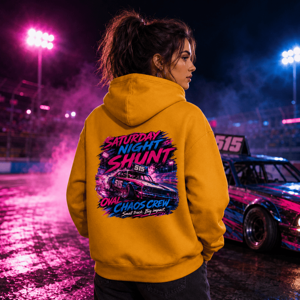 Model wearing Camberline Mustard Gold hoodie showing Saturday Night Shunt Oval Chaos British oval racing back graphic