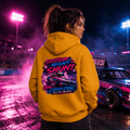Model wearing Camberline Mustard Gold hoodie showing Saturday Night Shunt Oval Chaos British oval racing back graphic