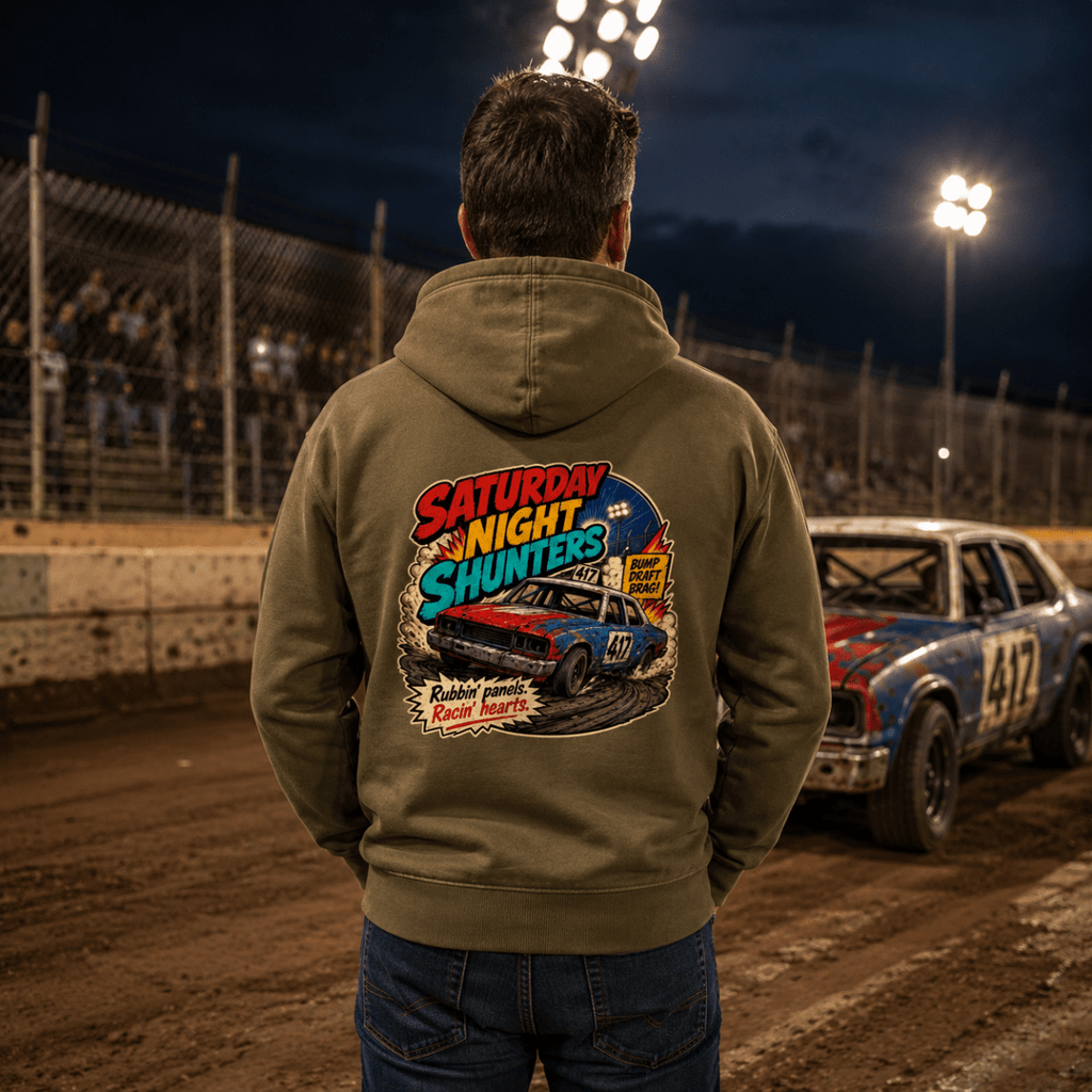 Model wearing Camberline Olive hoodie showing Saturday Night Shunters Comic British oval racing back graphic