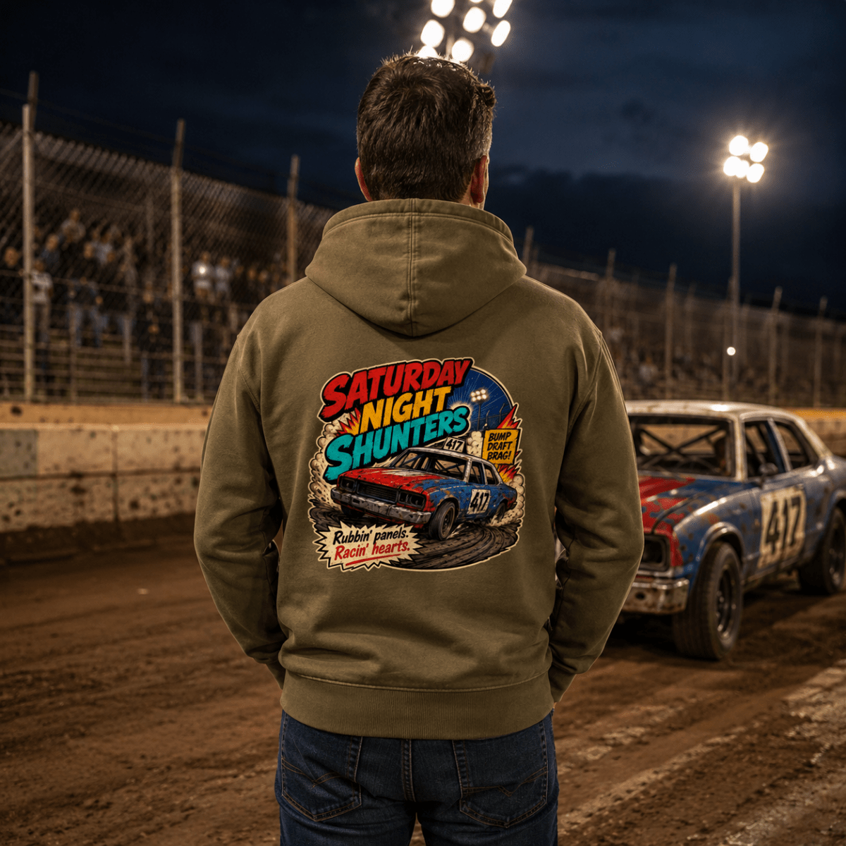 Model wearing Camberline Olive hoodie showing Saturday Night Shunters Comic British oval racing back graphic