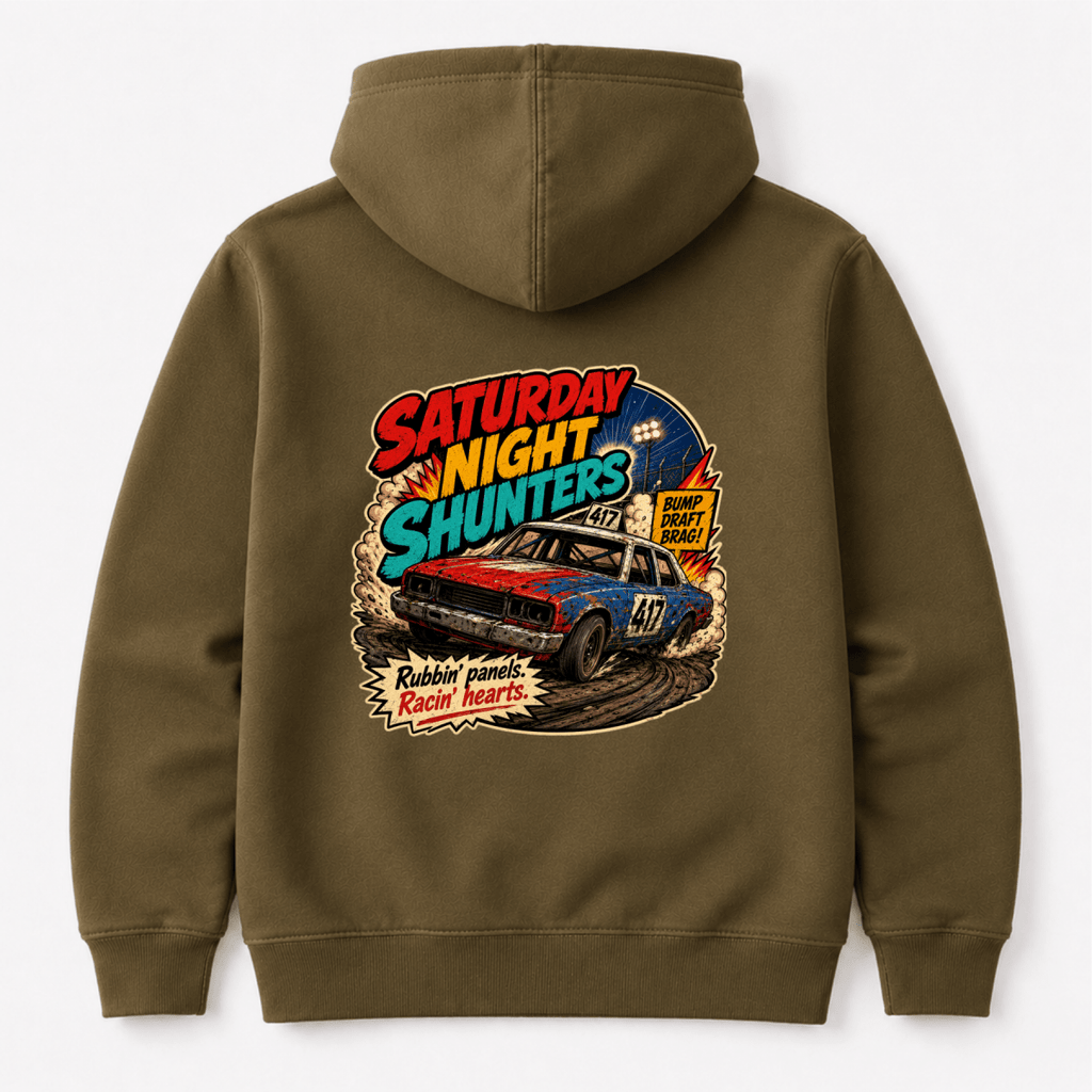 Camberline Saturday Night Shunters Comic Olive hoodie, back graphic for British oval racing fans