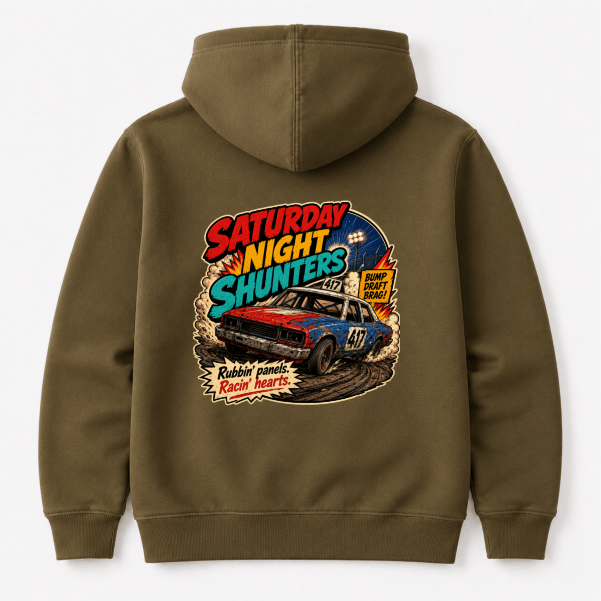 Camberline Saturday Night Shunters Comic Olive hoodie, back graphic for British oval racing fans