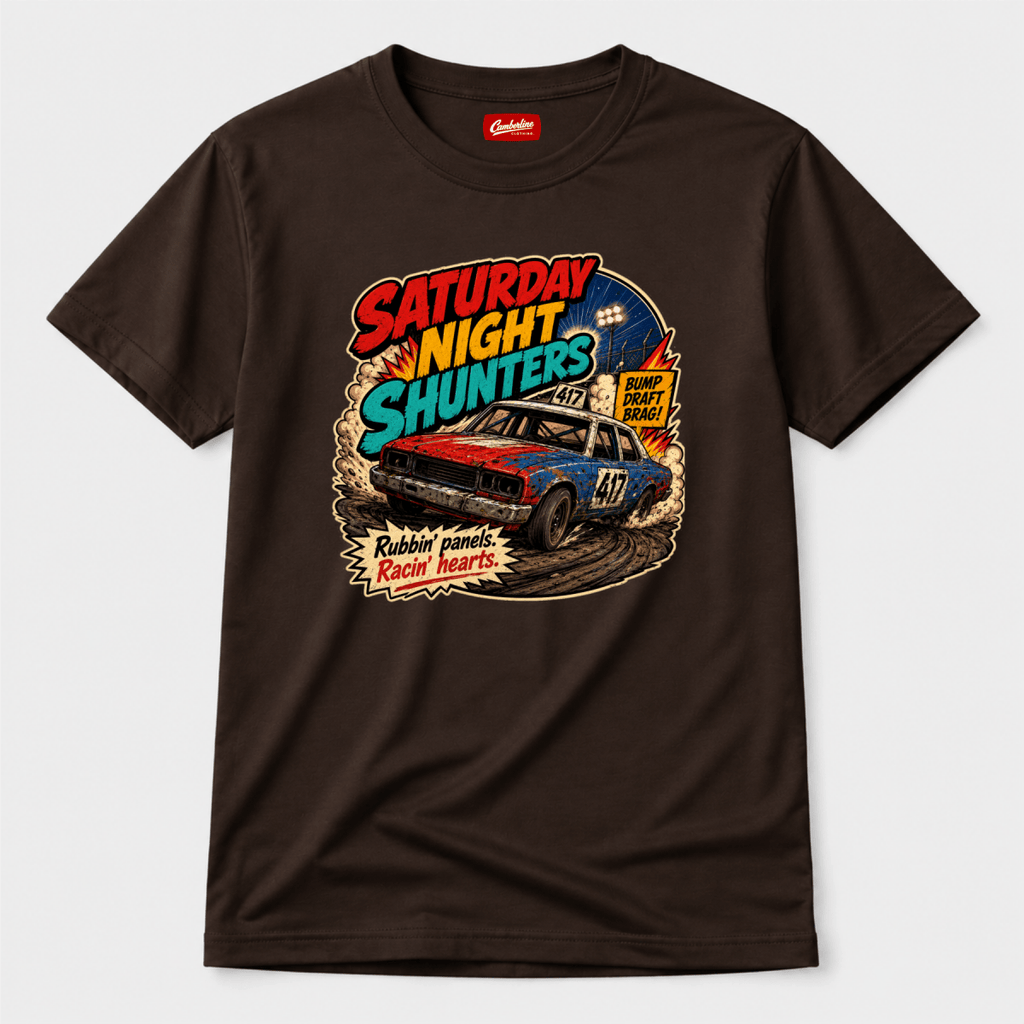 Camberline Saturday Night Shunters Brown t-shirt, front graphic for British oval racing fans