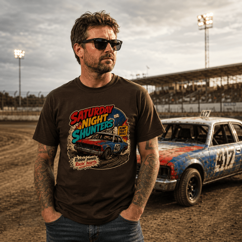 Model wearing Camberline Brown t-shirt showing Saturday Night Shunters British oval racing front graphic