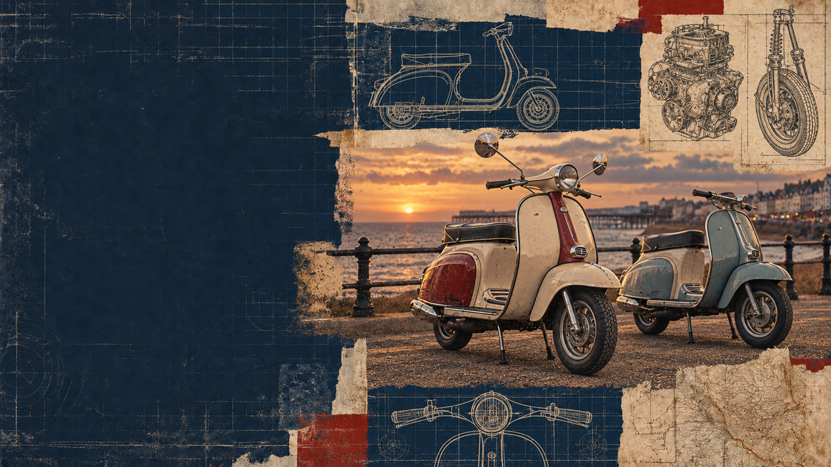 A vintage-style collage featuring two classic Vespa scooters in cream and light blue, set against a sunset waterfront scene with blueprint sketches and distressed blue, red, and beige paper textures.