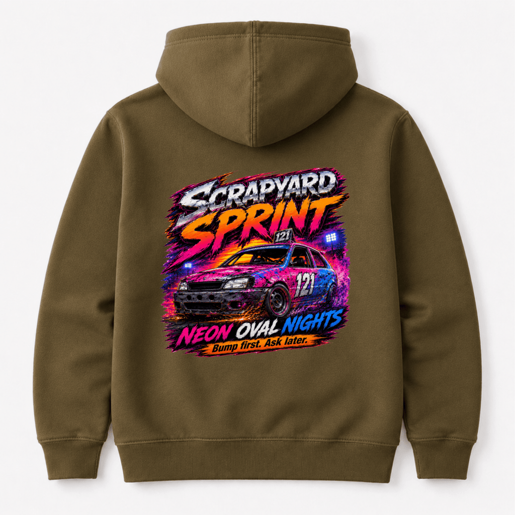 Camberline Scrapyard Sprint Neon Oval Nights Olive Tan hoodie, back graphic for British oval racing fans