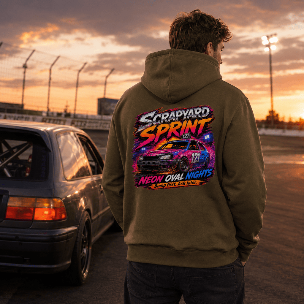 Model wearing Camberline Olive Tan hoodie showing Scrapyard Sprint Neon Oval Nights British oval racing back graphic