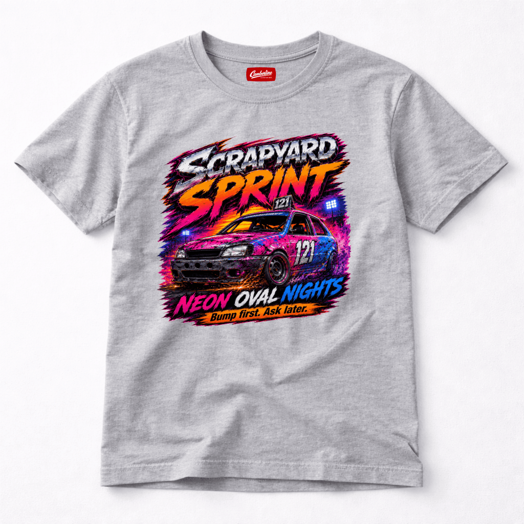 Camberline Scrapyard Sprint Neon Oval Nights Light Grey t-shirt, front graphic for British oval racing fans