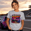 Model wearing Camberline Light Grey t-shirt showing Scrapyard Sprint Neon Oval Nights British oval racing front graphic