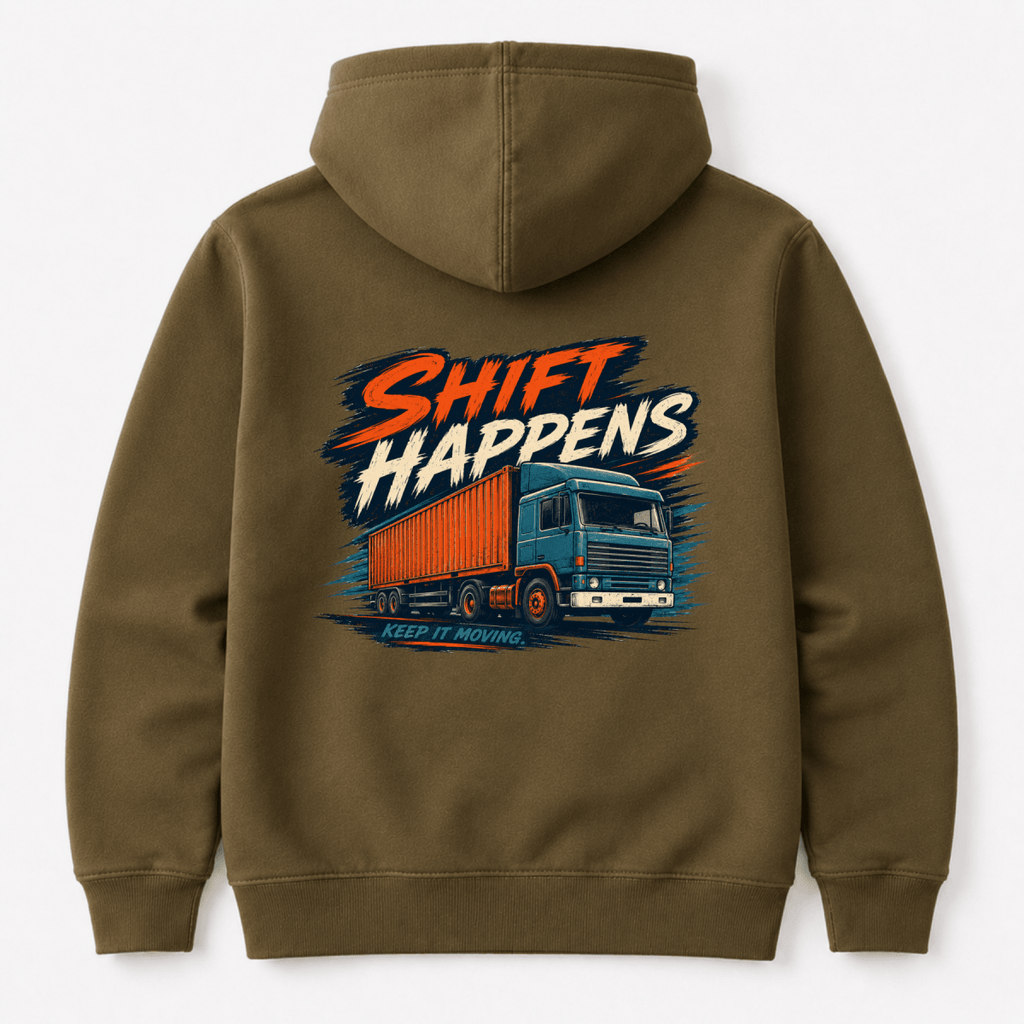 Khaki hoodie with 'Shift Happens' graphic on the back against a white background