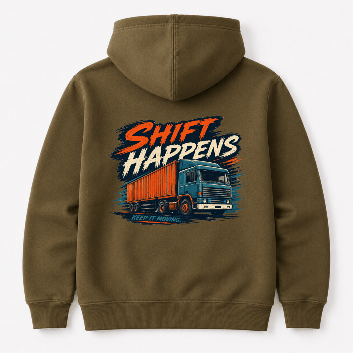 Khaki hoodie with 'Shift Happens' graphic on the back against a white background