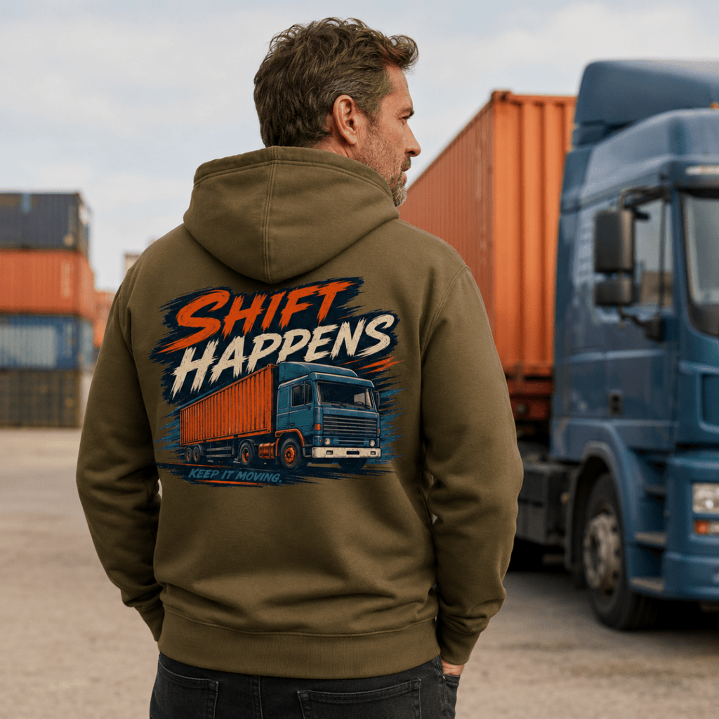 Man wearing a hoodie with 'Shift Happens' graphic in front of a truck and shipping containers.