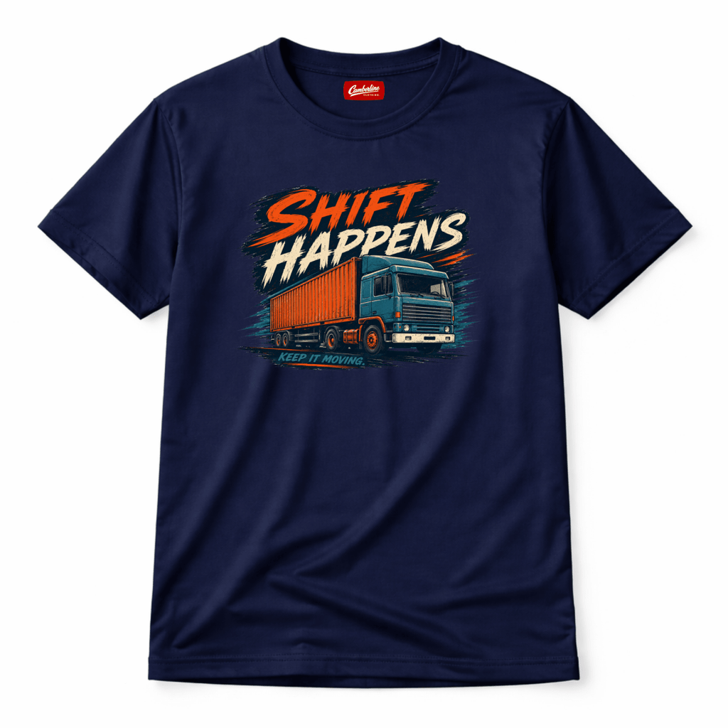 Navy blue t-shirt with a graphic of a truck and 'Shift Happens' text on a white background