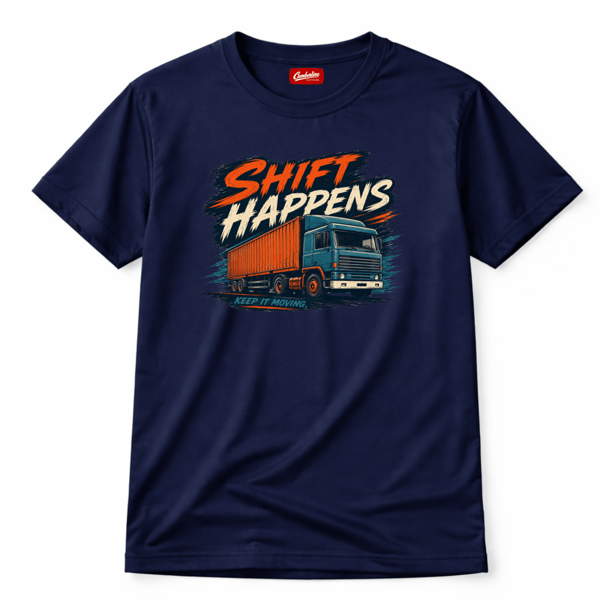Navy blue t-shirt with a graphic of a truck and 'Shift Happens' text on a white background