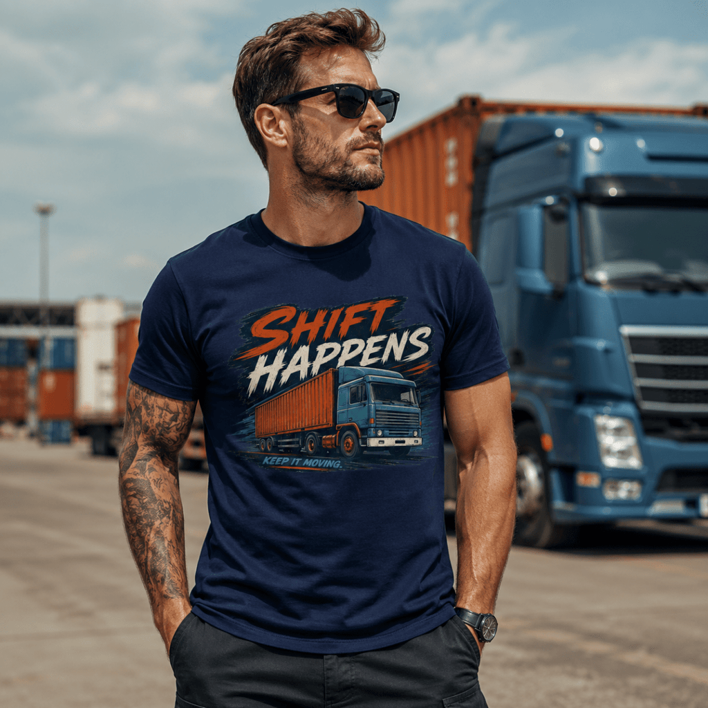 Man wearing a navy blue t-shirt with 'Shift Happens' graphic in front of a truck.