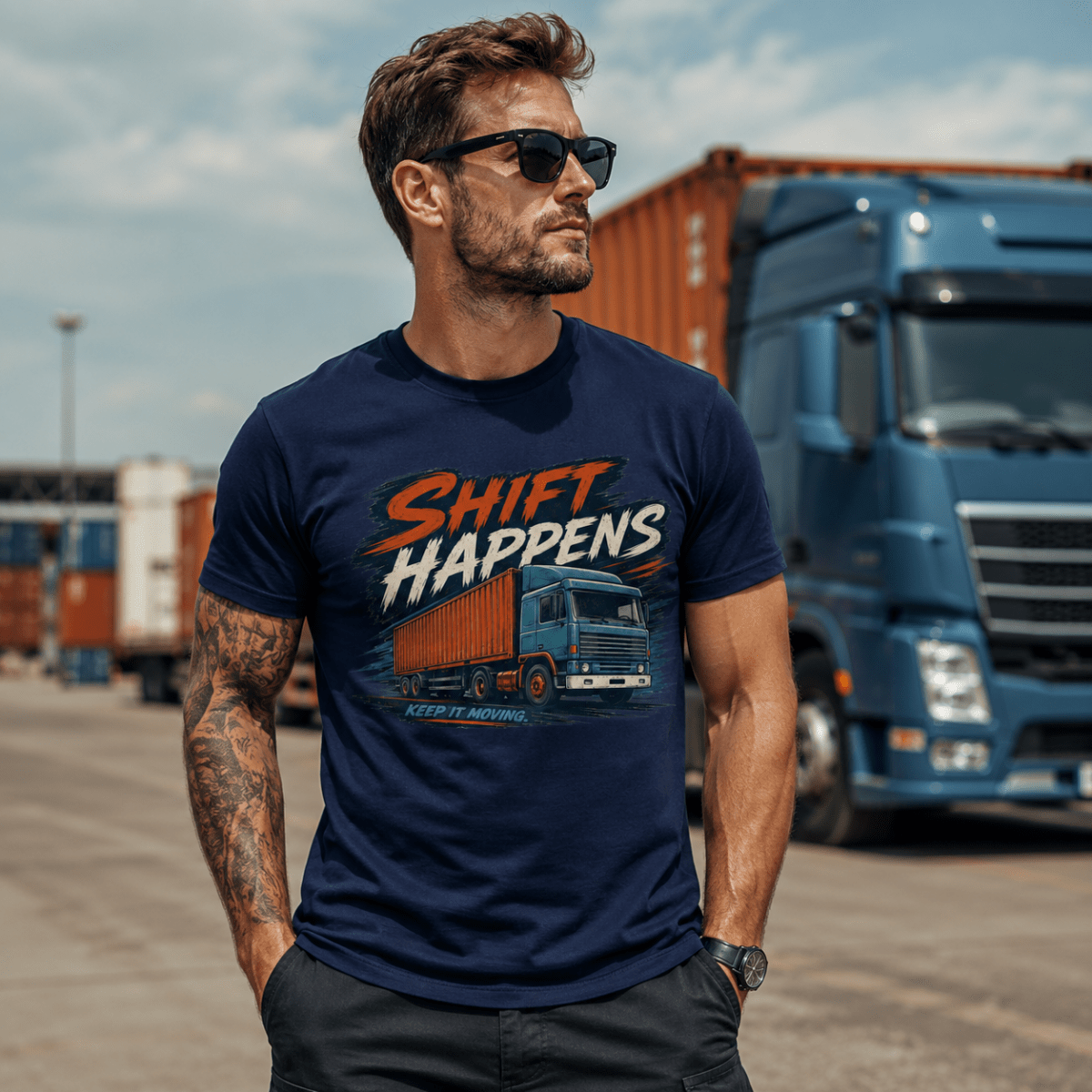 Man wearing a navy blue t-shirt with 'Shift Happens' graphic in front of a truck.