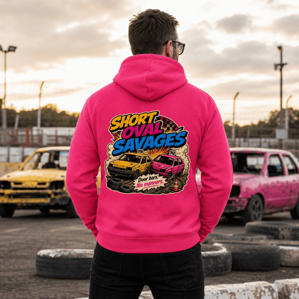 Model wearing Camberline Hot Pink hoodie showing Short Oval Savages Comic Banger British oval racing back graphic