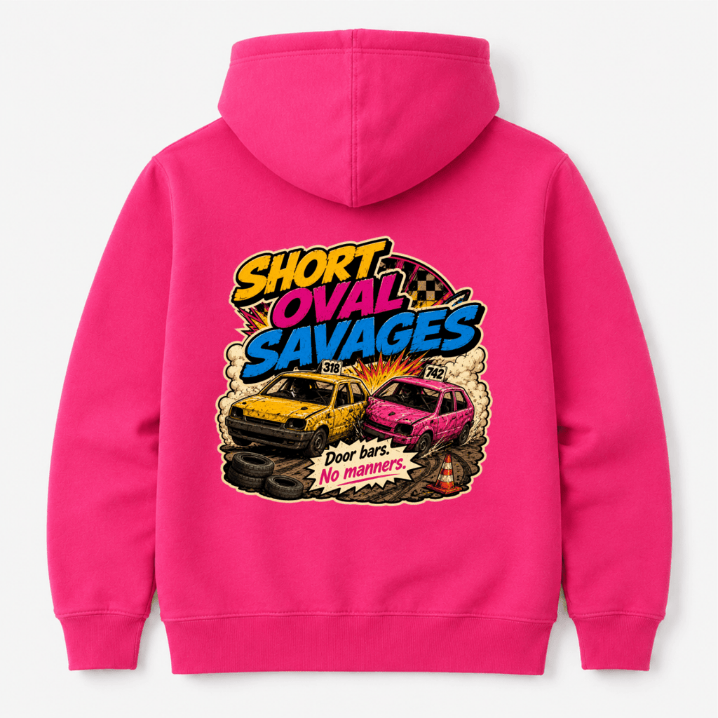 Camberline Short Oval Savages Comic Banger Hot Pink hoodie, back graphic for British oval racing fans