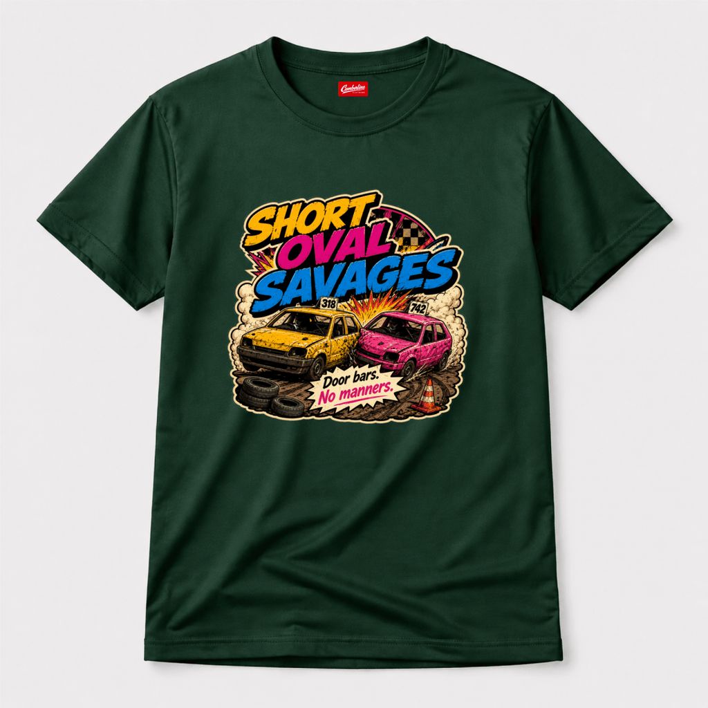 Camberline Short Oval Savages Forest Green t-shirt, front graphic for British oval racing fans