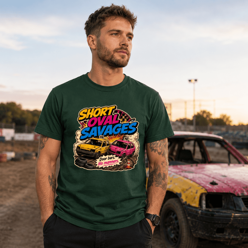 Model wearing Camberline Forest Green t-shirt showing Short Oval Savages British oval racing front graphic