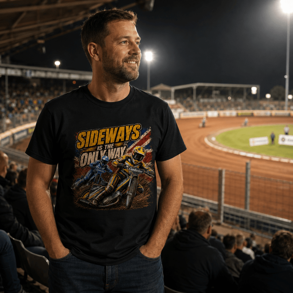 Model wearing Camberline t-shirt showing Sideways Is the Only Way Speedway front graphic