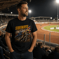 Model wearing Camberline t-shirt showing Sideways Is the Only Way Speedway front graphic