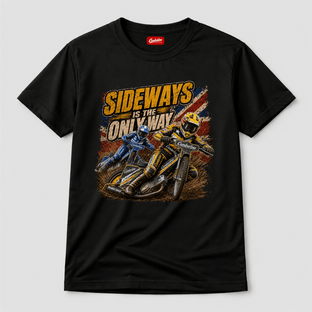 Black Camberline t-shirt showing Sideways Is the Only Way Speedway front graphic