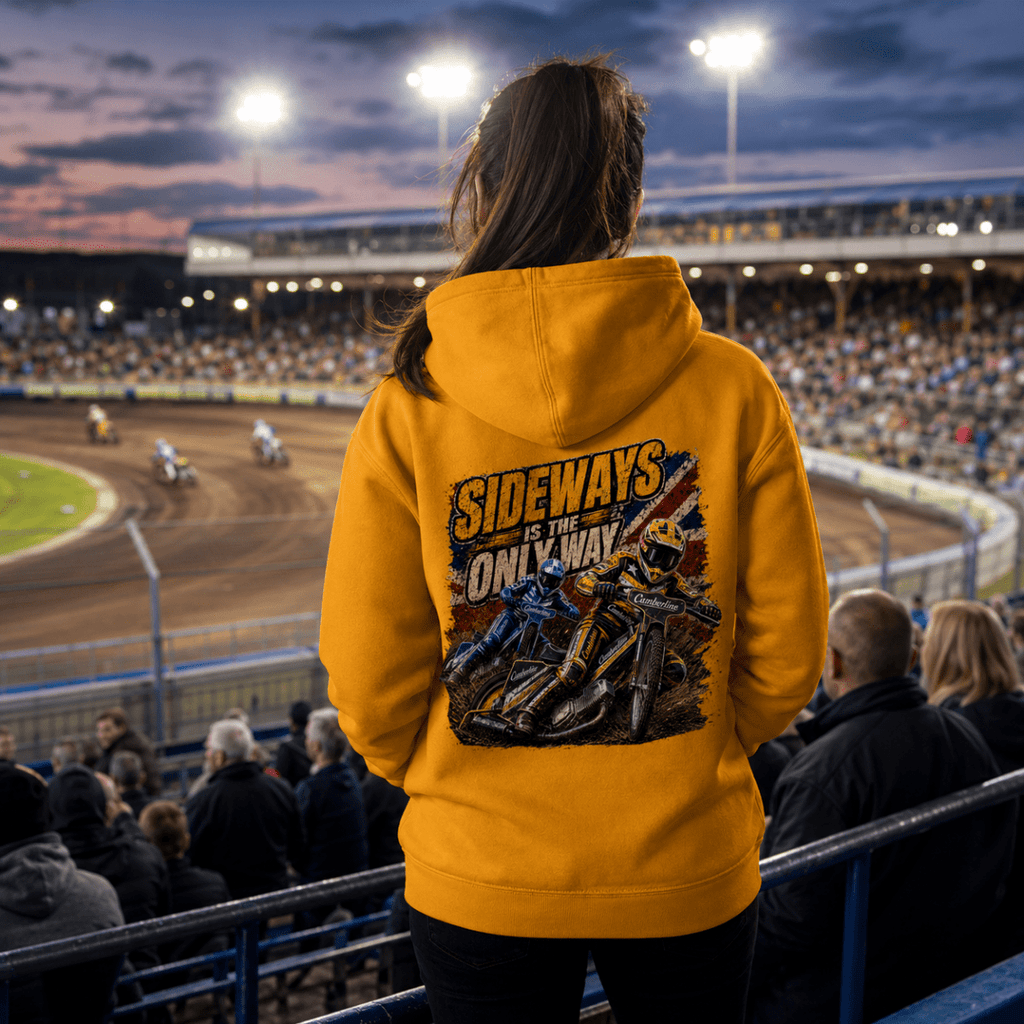 Model wearing Camberline hoodie showing Sideways Is the Only Way Speedway back graphic