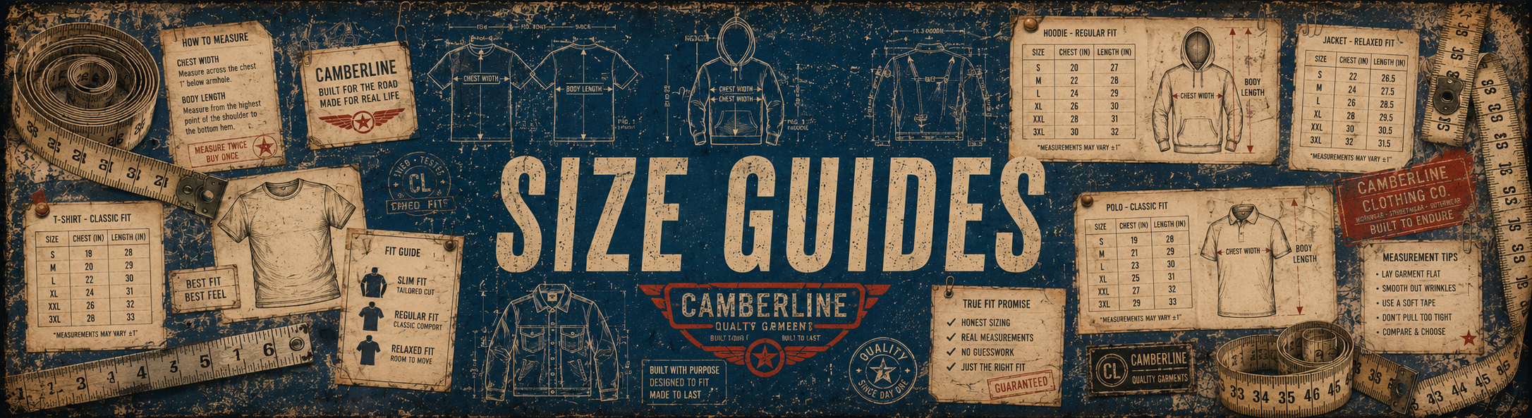 Collection of size guides for Camberline clothing on a blue background