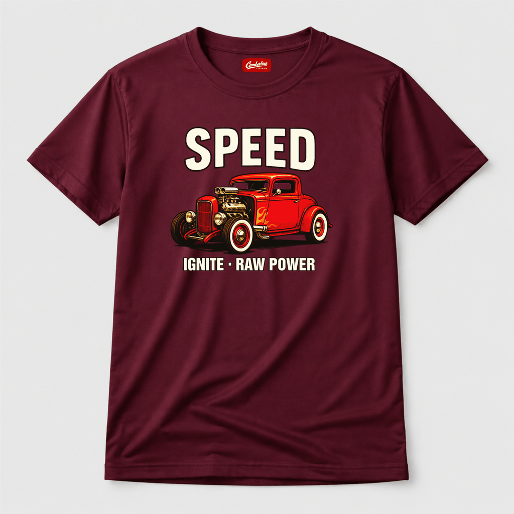 Camberline Cars Speed Ignite Raw Power Hot Rod T-Shirt in Burgundy showing front graphic
