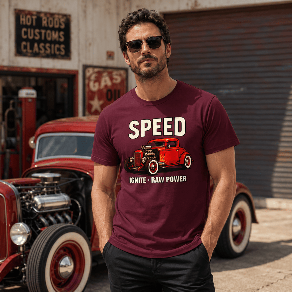 Model wearing Camberline Cars Speed Ignite Raw Power Hot Rod T-Shirt in Burgundy