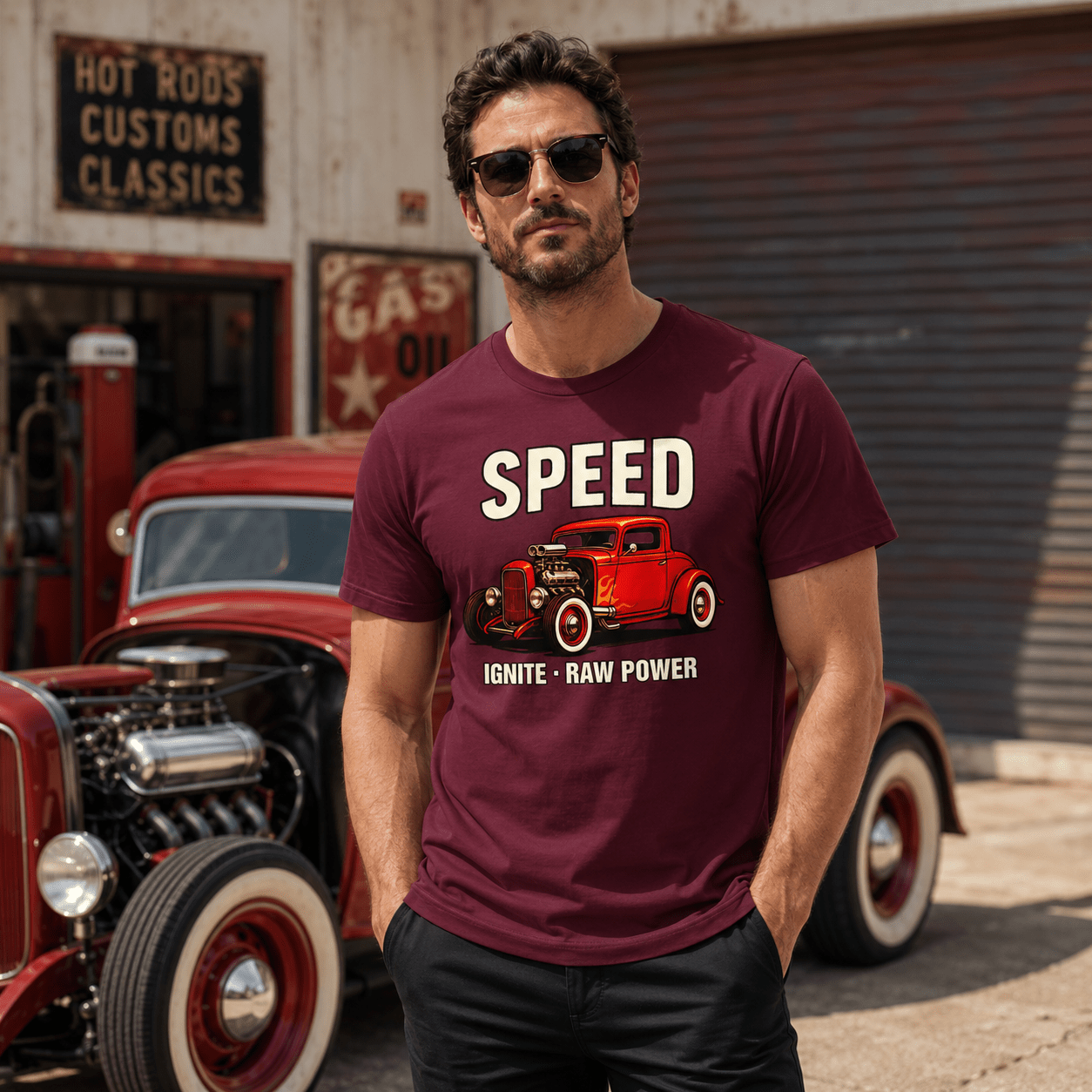 Model wearing Camberline Cars Speed Ignite Raw Power Hot Rod T-Shirt in Burgundy