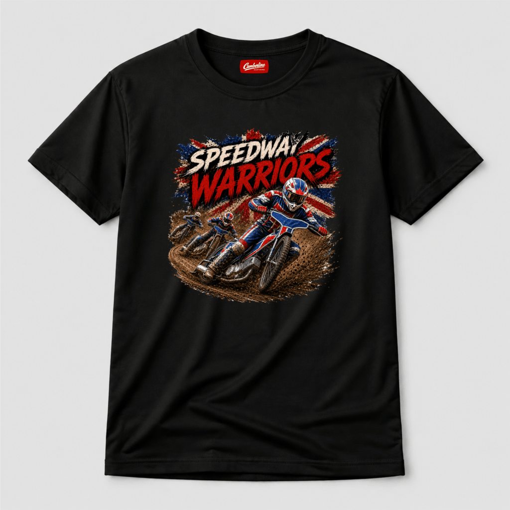 Black Camberline t-shirt showing Speedway Warriors British Racing Bikes front graphic