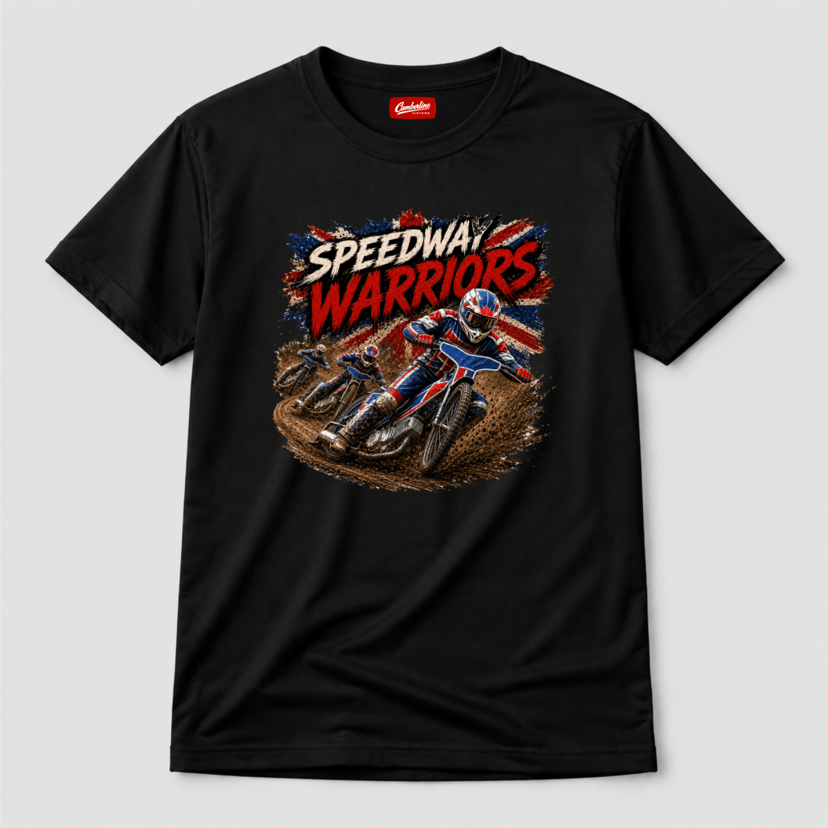 Black Camberline t-shirt showing Speedway Warriors British Racing Bikes front graphic