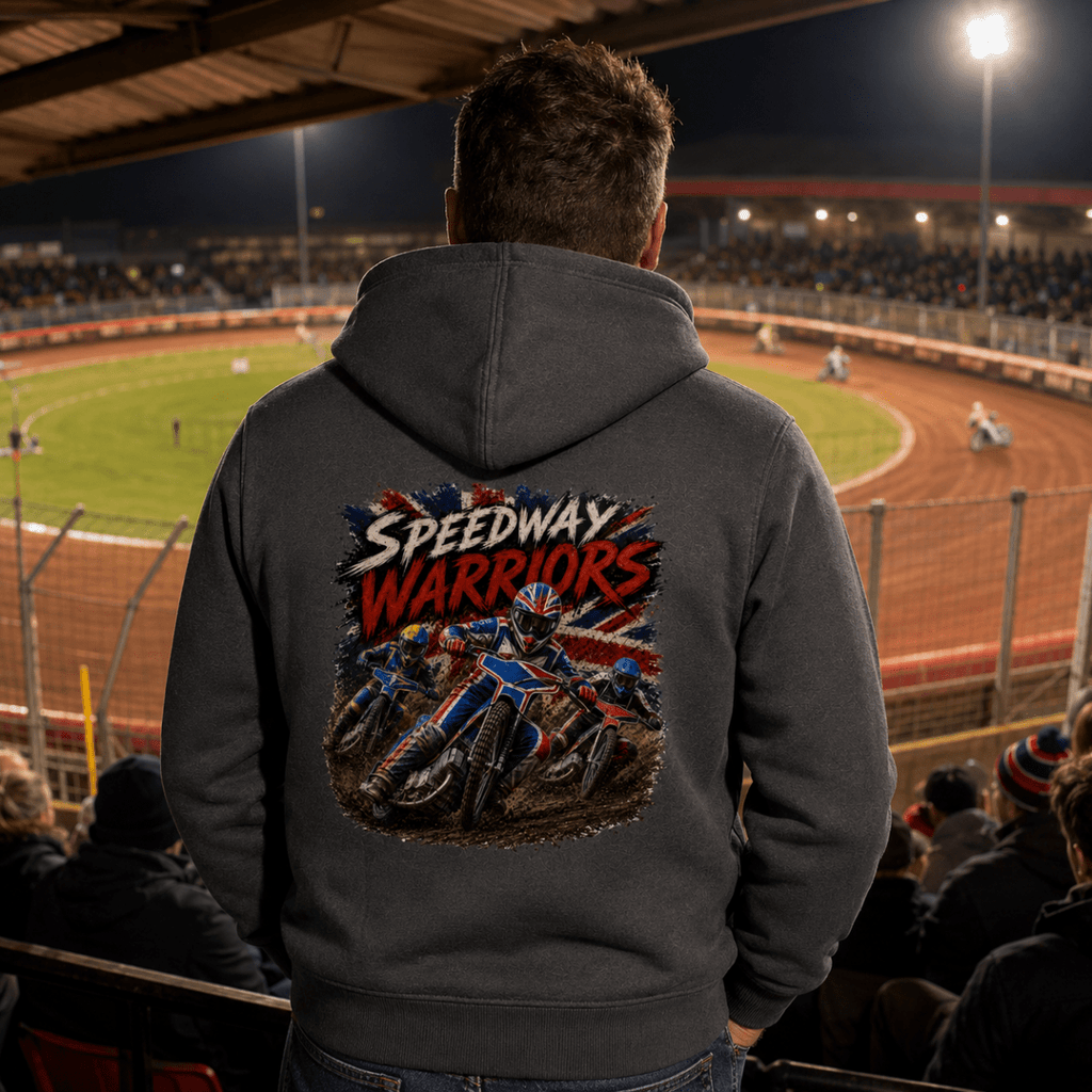 Model wearing Camberline hoodie showing Speedway Warriors Competitive Racing back graphic