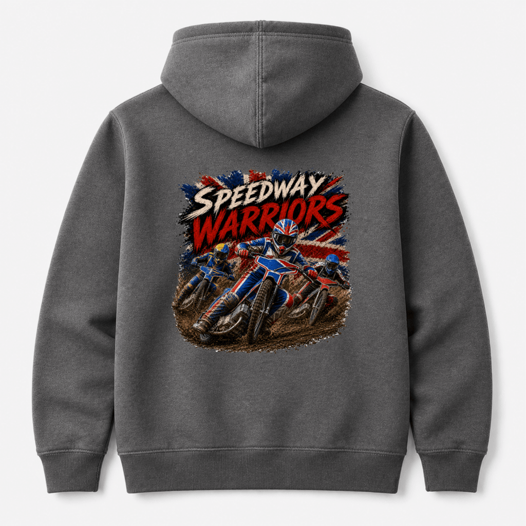 Charcoal Camberline hoodie showing Speedway Warriors Competitive Racing back graphic