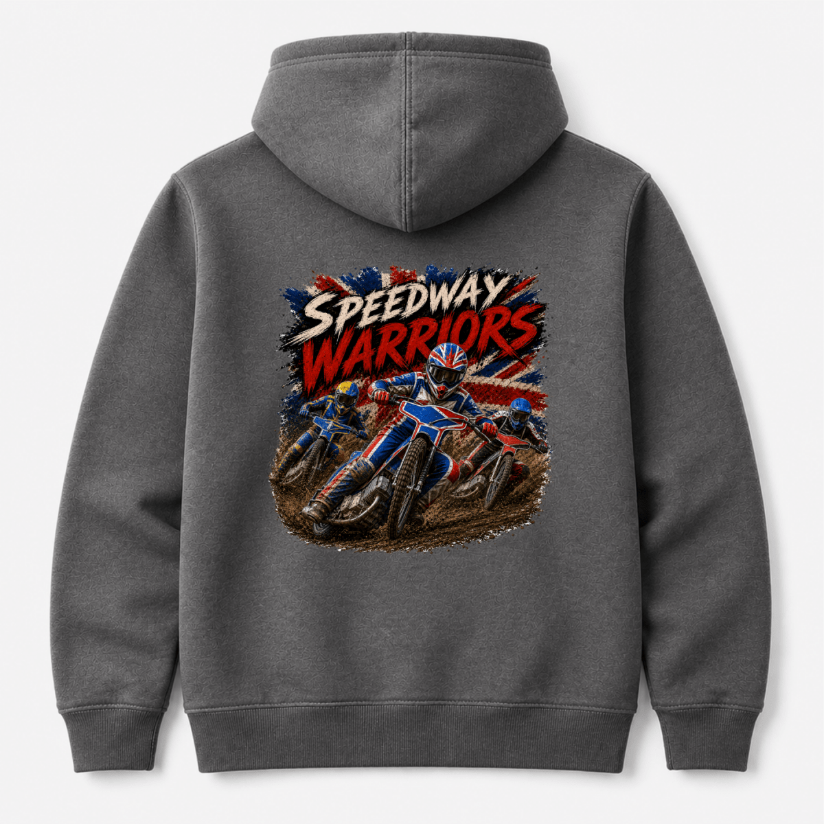 Charcoal Camberline hoodie showing Speedway Warriors Competitive Racing back graphic