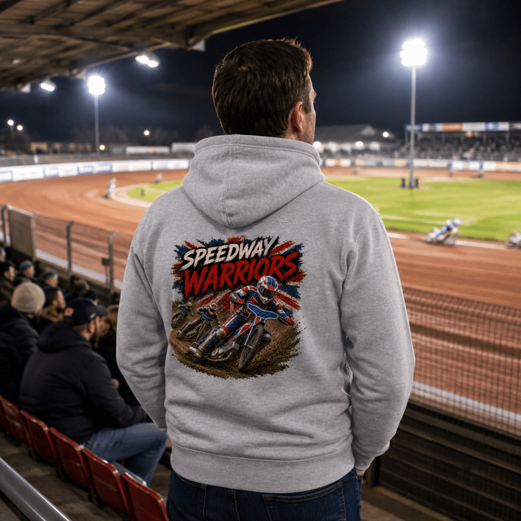 Model wearing Camberline hoodie showing Speedway Warriors Multi-Rider Union Jack back graphic