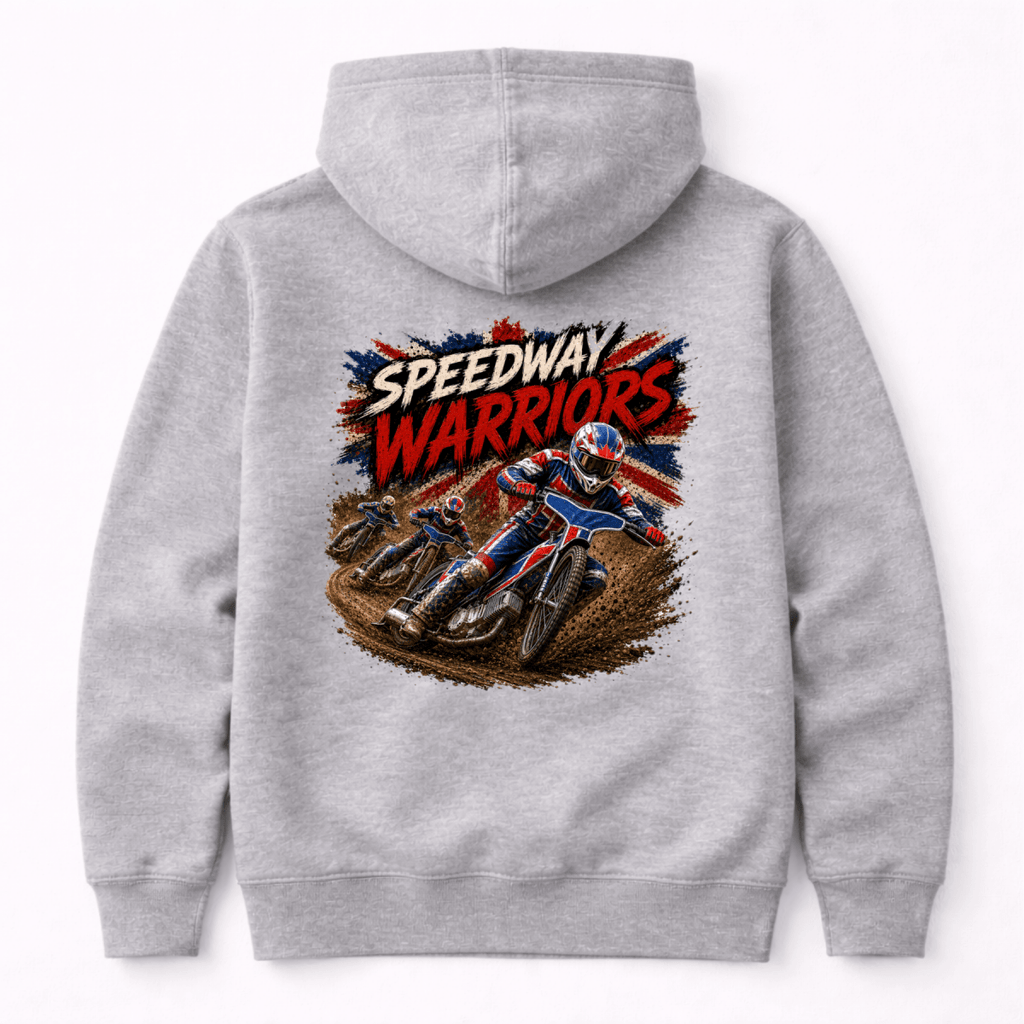 Heather Grey Camberline hoodie showing Speedway Warriors Multi-Rider Union Jack back graphic