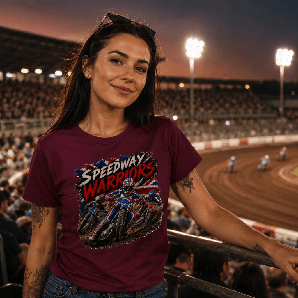 Model wearing Camberline t-shirt showing Speedway Warriors Union Jack Racing front graphic