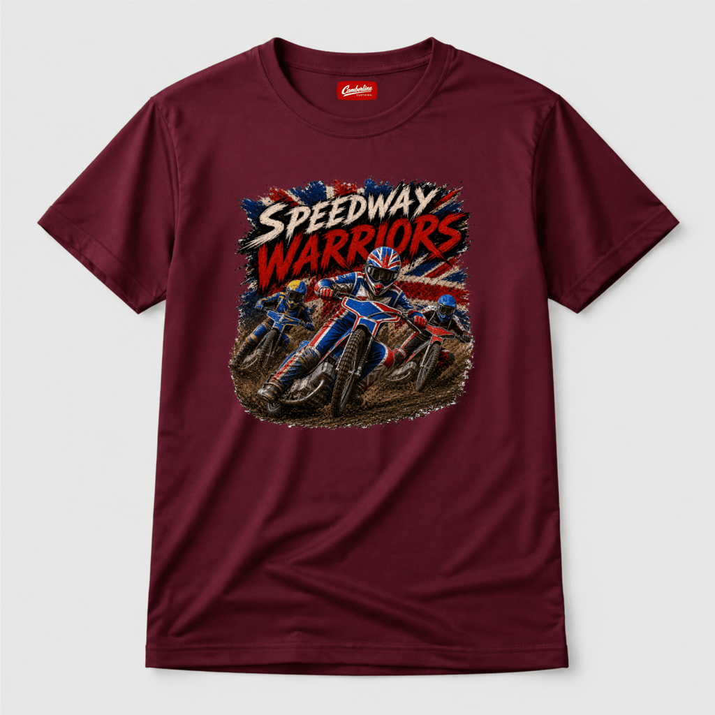 Maroon Camberline t-shirt showing Speedway Warriors Union Jack Racing front graphic