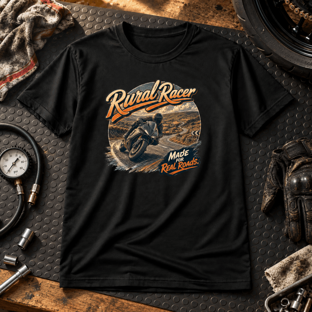 Camberline Sport Bike Motorcycle Graphic T-Shirt - Rural Racer black themed garment hero