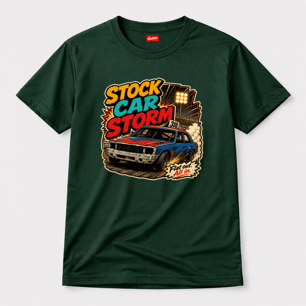 Camberline Stock Car Storm Oval Racing Forest Green t-shirt, front graphic for British oval racing fans