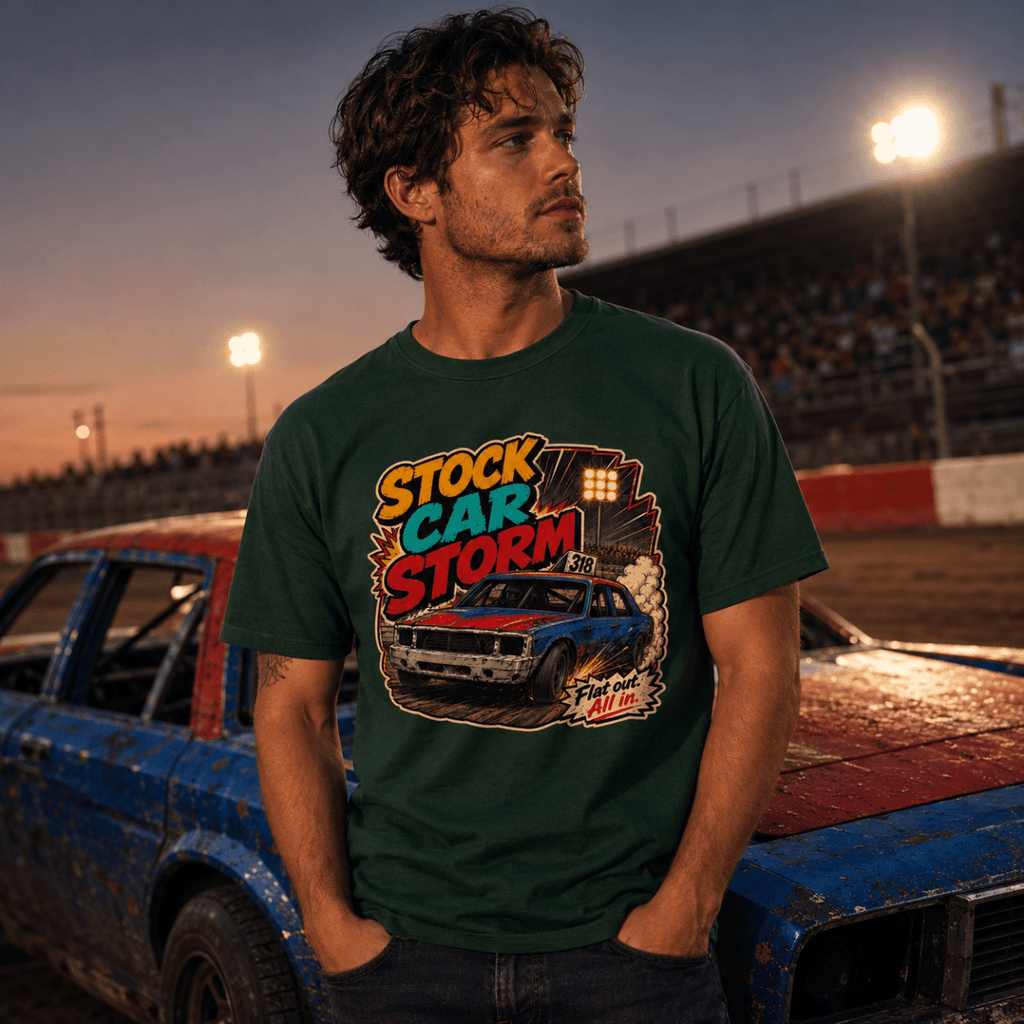 Model wearing Camberline Forest Green t-shirt showing Stock Car Storm Oval Racing British oval racing front graphic