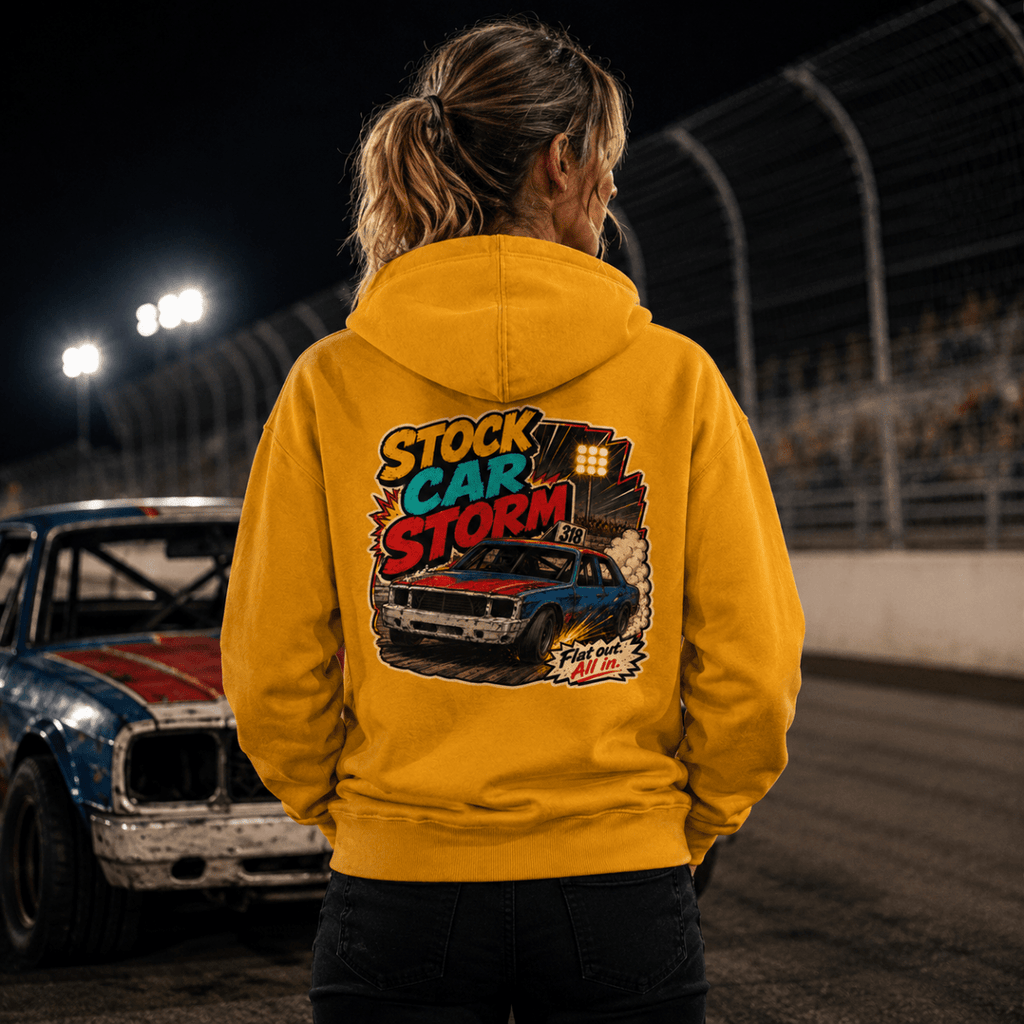 Model wearing Camberline Gold hoodie showing Stock Car Storm Vintage Comic British oval racing back graphic