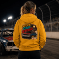 Model wearing Camberline Gold hoodie showing Stock Car Storm Vintage Comic British oval racing back graphic