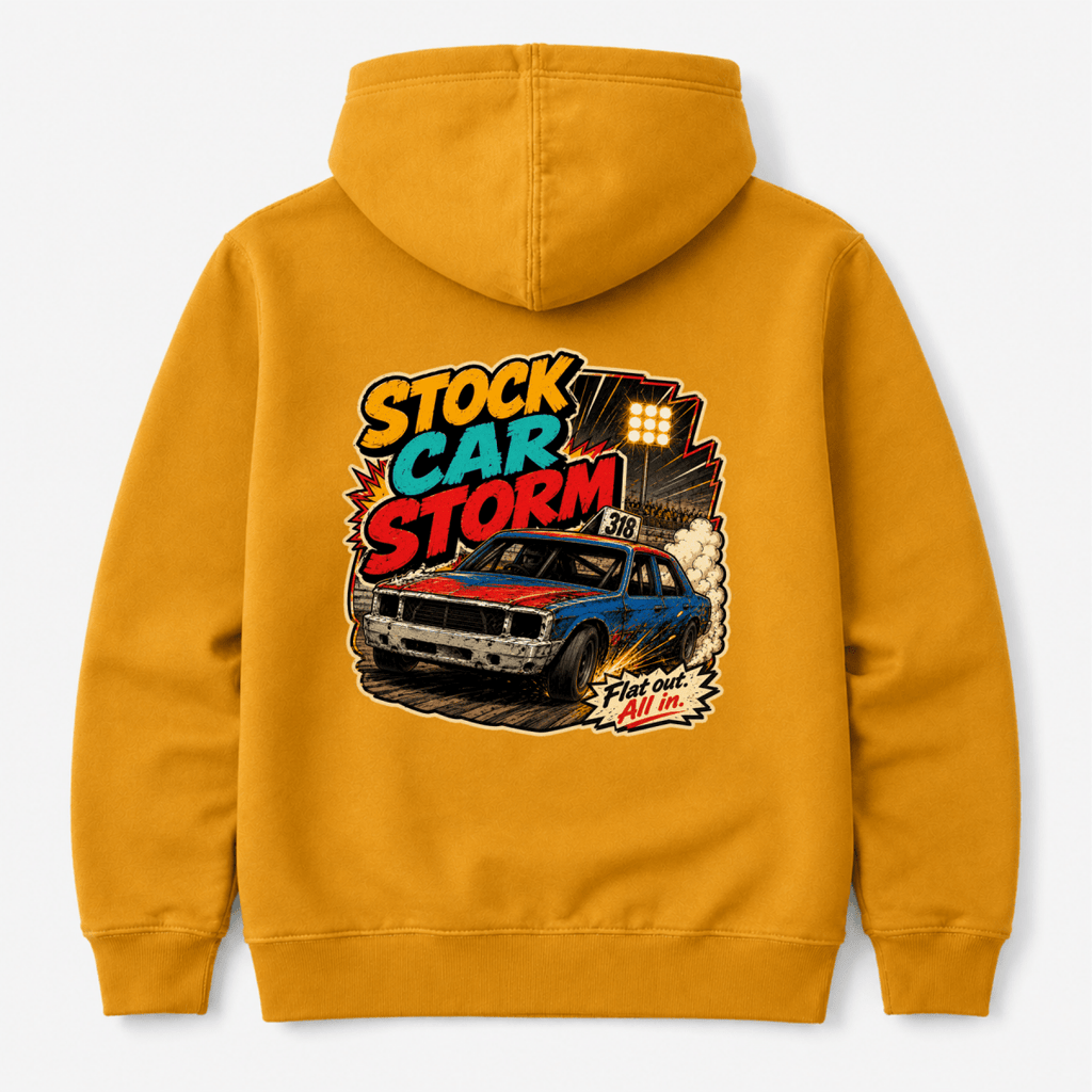 Camberline Stock Car Storm Vintage Comic Gold hoodie, back graphic for British oval racing fans