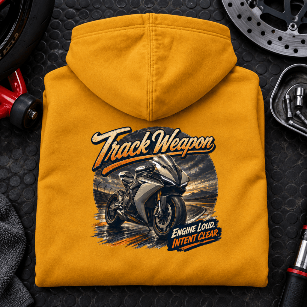 Camberline Superbike Motorcycle Graphic Hoodie - Track Weapon Track Day mustard themed garment hero