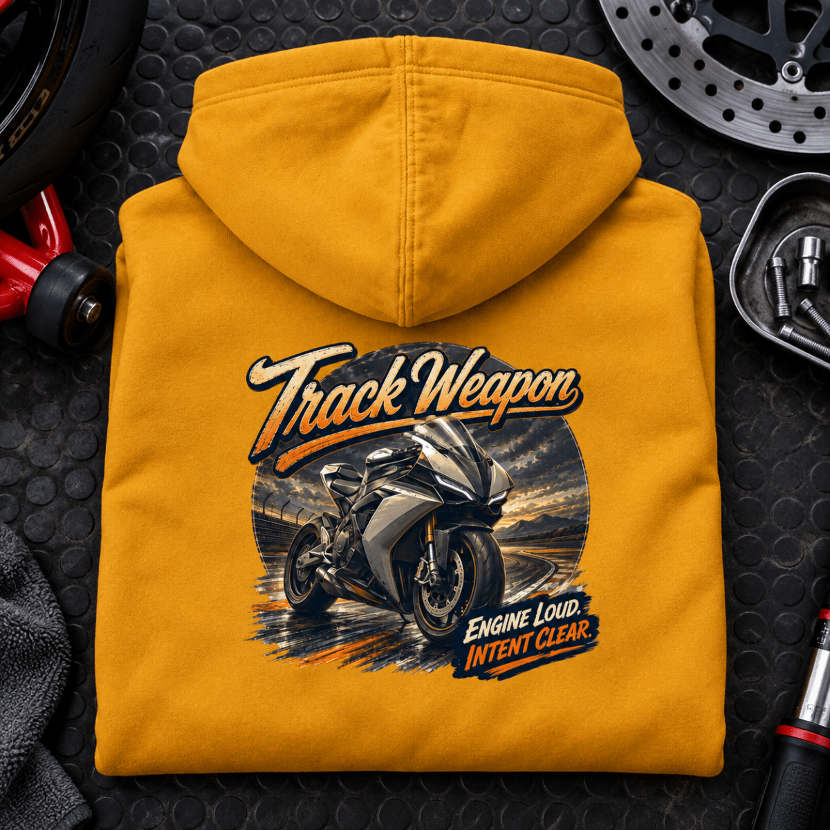 Camberline Superbike Motorcycle Graphic Hoodie - Track Weapon Track Day mustard themed garment hero
